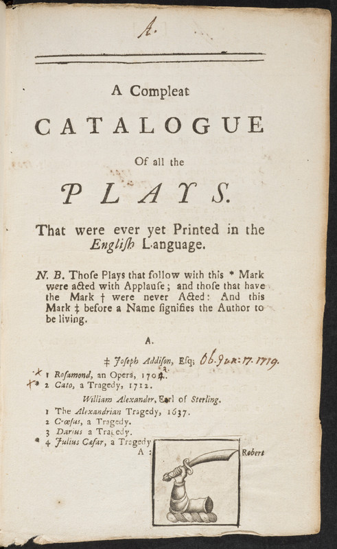 Annotated copy of a 1726 catalogue of English plays, from the library of William Vesey (-1755)